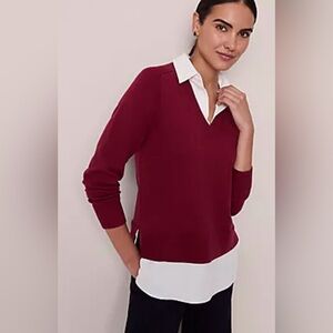 Ann Taylor mixed media layered look sweater top blouse v neck with collar